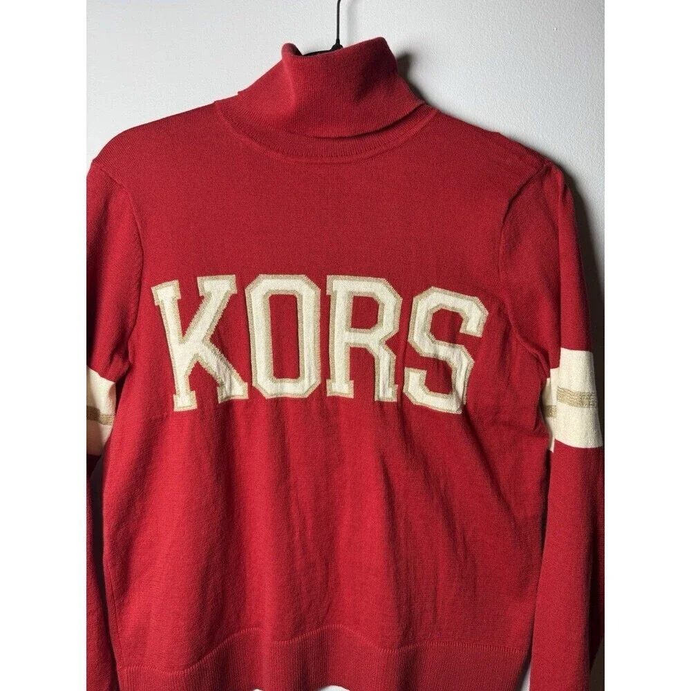 MICHAEL KORS Women Red Logo Long Sleeve Turtle Neck Sweater Small NEW